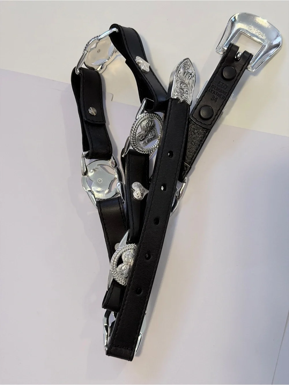 Western Genuine Leather Black Concho Belt Silver Heart Buckle Engraved Size 34